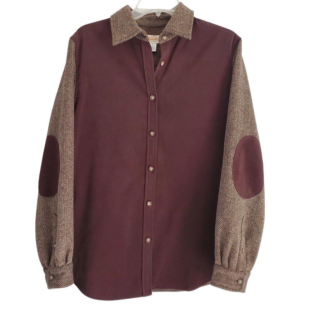 Talbots Shirt Womens 12 Lined Brown Herringbone Wool Blend‎ Elbow Patch